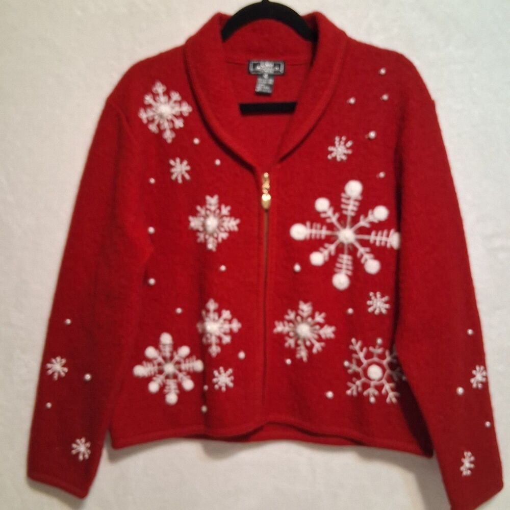 Lisa International PL Petite Cardigan Sweater Red Wool Snowflake Holiday Winter